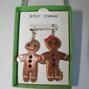 Betsey Johnson NIB Mismatch Gingerbread Man Woman Drop Glitter Earrings Novelty